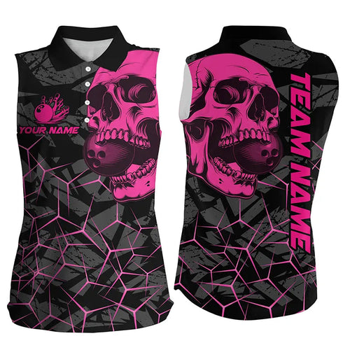 Black Skull camo bowling Sleeveless Polo shirts custom bowling team jerseys | Pink NQS8277