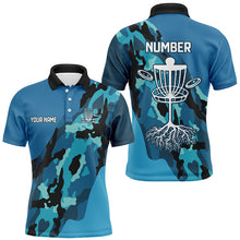 Load image into Gallery viewer, Blue Camo Mens golf polo shirts custom name and number disc golf team jerseys, frisbee golf shirts NQS8491