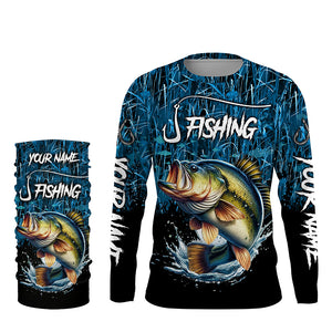 Largemouth bass Fish blue camo fishing Custom name long sleeves fishing shirts NQS4142