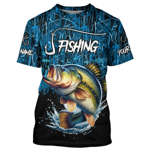 Largemouth bass Fish blue camo fishing Custom name long sleeves fishing shirts NQS4142