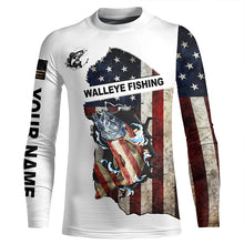 Load image into Gallery viewer, American flag Walleye patriotic fishing UV long sleeve shirts Custom name fishing apparel NQS2513