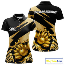 Load image into Gallery viewer, Black and Gold Bowling Polo, Quarter Zip Shirt For Women Custom Team bowling jersey, gift for bowlers NQS11069
