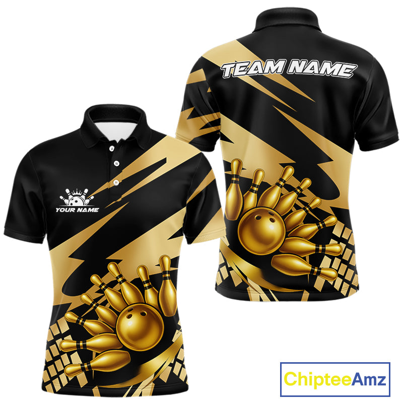 Black and Gold Bowling Polo, Quarter Zip Shirts For Men Custom Team bowling jerseys, gift for bowlers NQS11069
