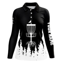 Load image into Gallery viewer, Black and White Womens Disc golf polo shirts custom name frisbee golf jerseys NQS9195