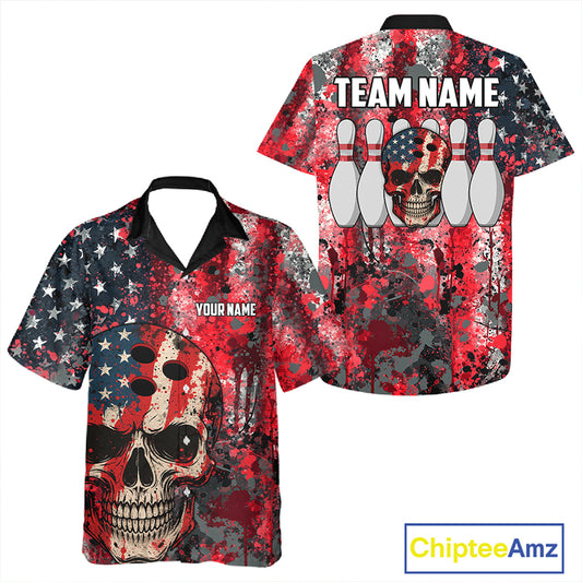 Red, White & Blue American Flag Skull Bowling Hawaiian Shirt Custom patriotic Team Bowling Jersey NQS11275