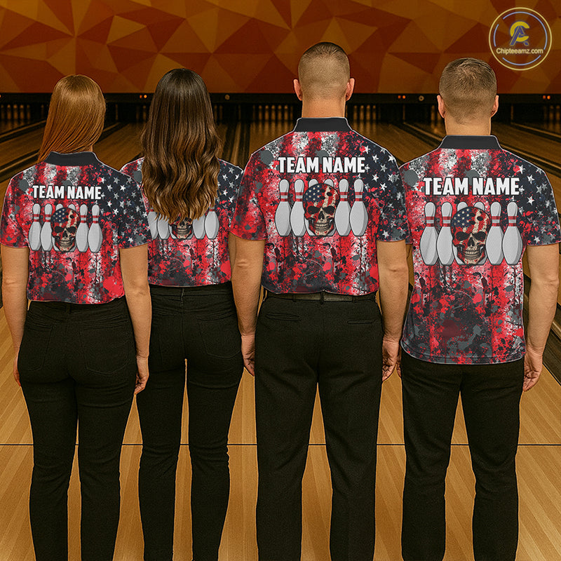 Red, White & Blue American Flag Skull Bowling shirts For Men Custom patriotic Team Bowling Jersey NQS11275