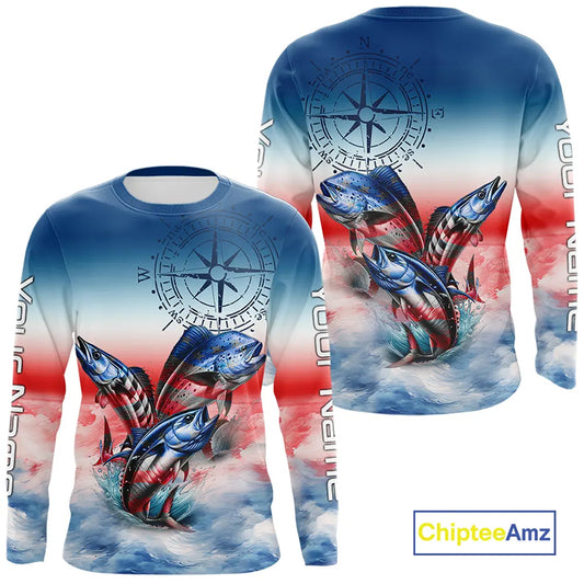 Red, white & blue Mahi Mahi, Wahoo, Tuna Compass Offshore Fishing Custom patriotic Performance Shirt NQS11276