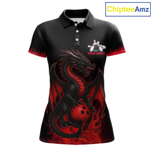 Black and Red Flame Dragon Bowling Polo, 1/4 zip shirts for Women Custom Dragon team bowling jerseys NQS11482