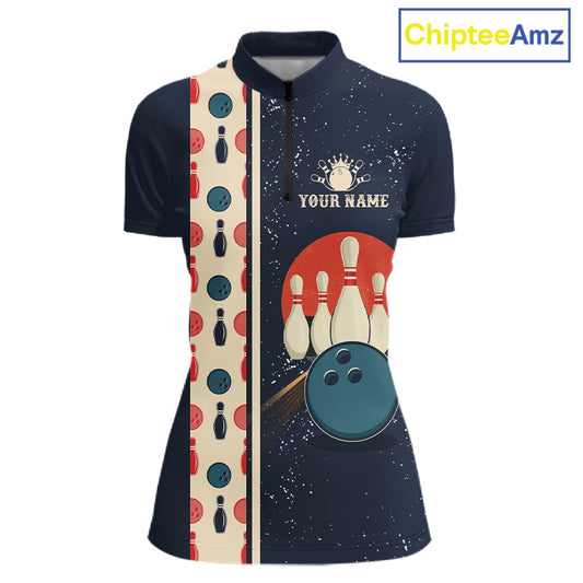 Custom Red, white and blue Eagle Retro Bowling Polo, 1/4 zip Shirts For Women, Bowling Team jerseys NQS11666