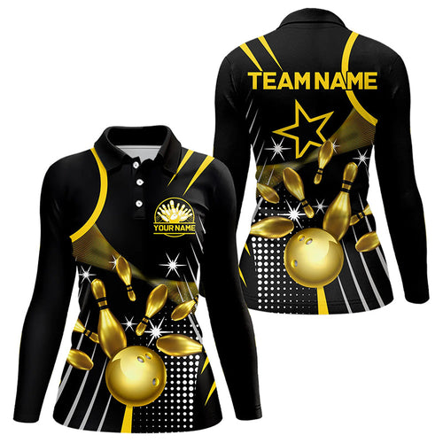 Funny Black and Gold Womens Bowling Polo, 1/4 Zip Shirts Custom Bowling outfit women Team Jerseys NQS9712