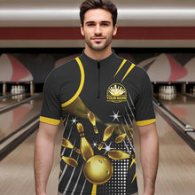 Load image into Gallery viewer, Funny Black and Gold Mens Bowling Polo, 1/4 Zip Shirts Custom Bowling outfit men Team Jerseys NQS9712