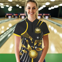 Load image into Gallery viewer, Funny Black and Gold Womens Bowling Polo, 1/4 Zip Shirts Custom Bowling outfit women Team Jerseys NQS9712