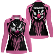 Load image into Gallery viewer, Custom Flame Bowling Ball &amp; Pins polos Shirts For Women, Personalized Bowling Team Jerseys | Pink NQS5495