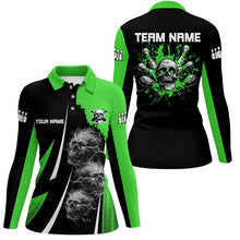 Load image into Gallery viewer, Green and Black Women bowling polo, quarter zip shirts Custom Skull bowling ball and pins Team Jerseys NQS7641