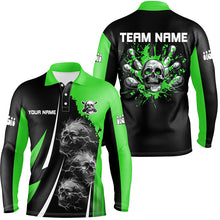 Load image into Gallery viewer, Green and Black Mens bowling polo, quarter zip shirts Custom Skull bowling ball and pins Team Jerseys NQS7641