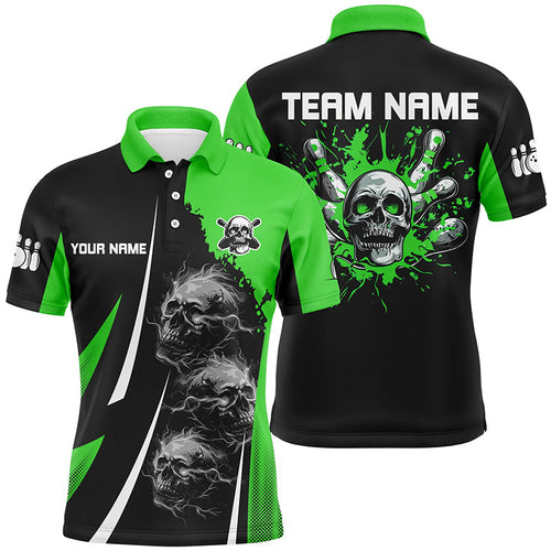 Green and Black Mens bowling polo, quarter zip shirts Custom Skull bowling ball and pins Team Jerseys NQS7641