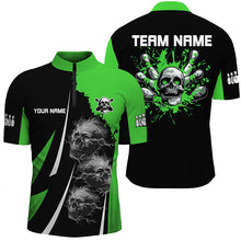 Load image into Gallery viewer, Green and Black Mens bowling polo, quarter zip shirts Custom Skull bowling ball and pins Team Jerseys NQS7641