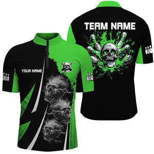 Green and Black Mens bowling polo, quarter zip shirts Custom Skull bowling ball and pins Team Jerseys NQS7641