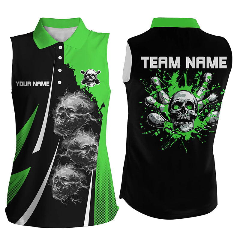 Green and Black Bowling Women sleeveless polo shirts Custom Skull bowling ball and pins Team Jerseys NQS7641