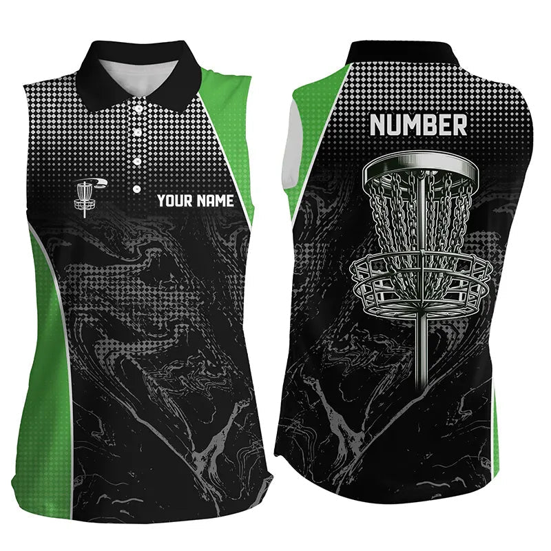 Black camo Women sleeveless disc golf polo shirts custom team disc golf basket jerseys | Green NQS7848