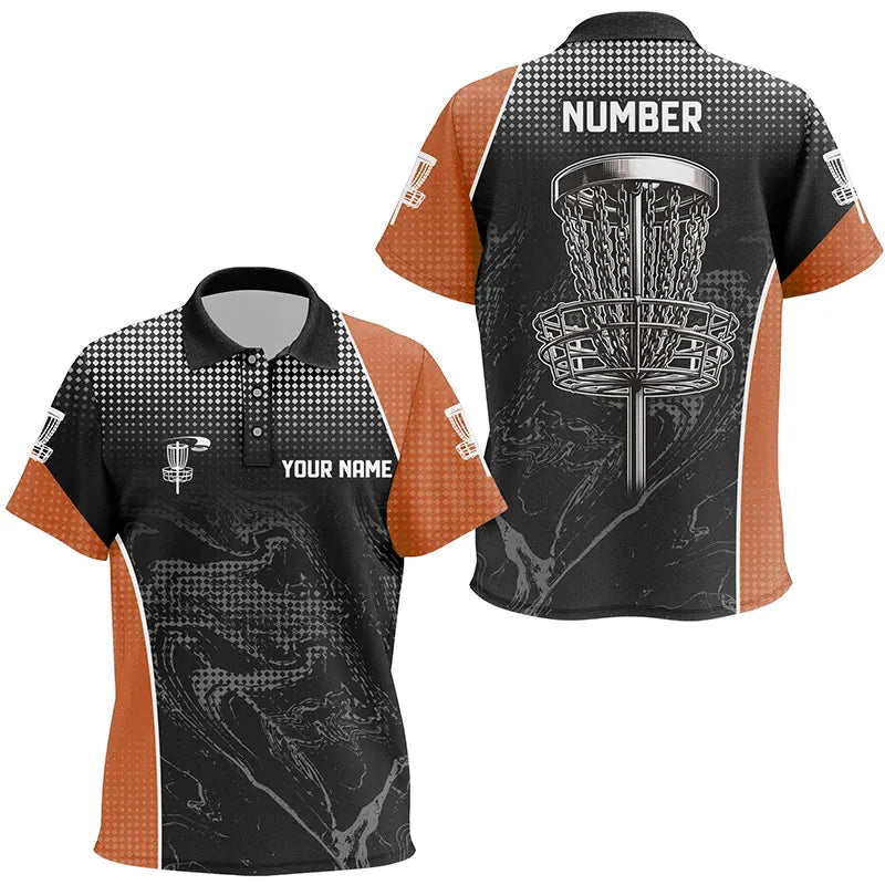 Black camo Kid Disc golf polo shirts custom team disc golf basket jerseys, unique golf gifts | Orange NQS7849