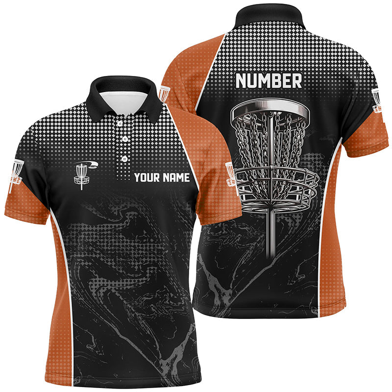 Black camo Mens disc golf polo shirts custom team disc golf basket jerseys, unique golf gifts | Orange NQS7849