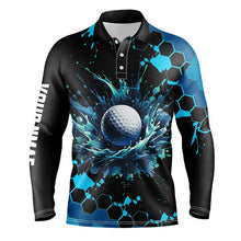 Load image into Gallery viewer, Mens golf polo shirts custom black and blue watercolor golf tops for men, gift for golf lovers NQS8070