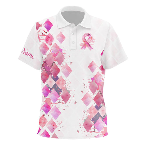 Watercolor Pink ribbon argyle pattern Kid golf polo shirts custom breast cancer awareness shirts NQS8285