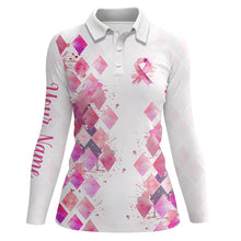 Load image into Gallery viewer, Watercolor Pink ribbon argyle pattern Women golf polo shirts custom breast cancer awareness shirts NQS8285