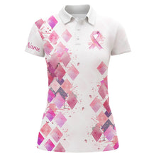 Load image into Gallery viewer, Watercolor Pink ribbon argyle pattern Women golf polo shirts custom breast cancer awareness shirts NQS8285