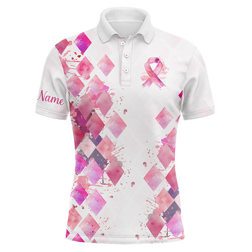 Watercolor Pink ribbon argyle pattern Men golf polo shirts custom breast cancer awareness polo shirts NQS8285