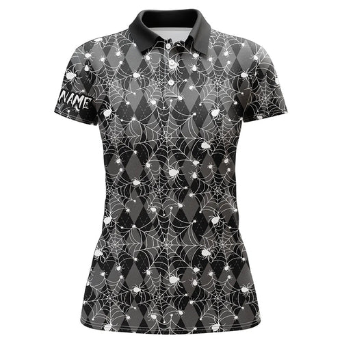 Black argyle spider web pattern Women golf polo shirts custom funny ladies halloween golf shirts NQS8289