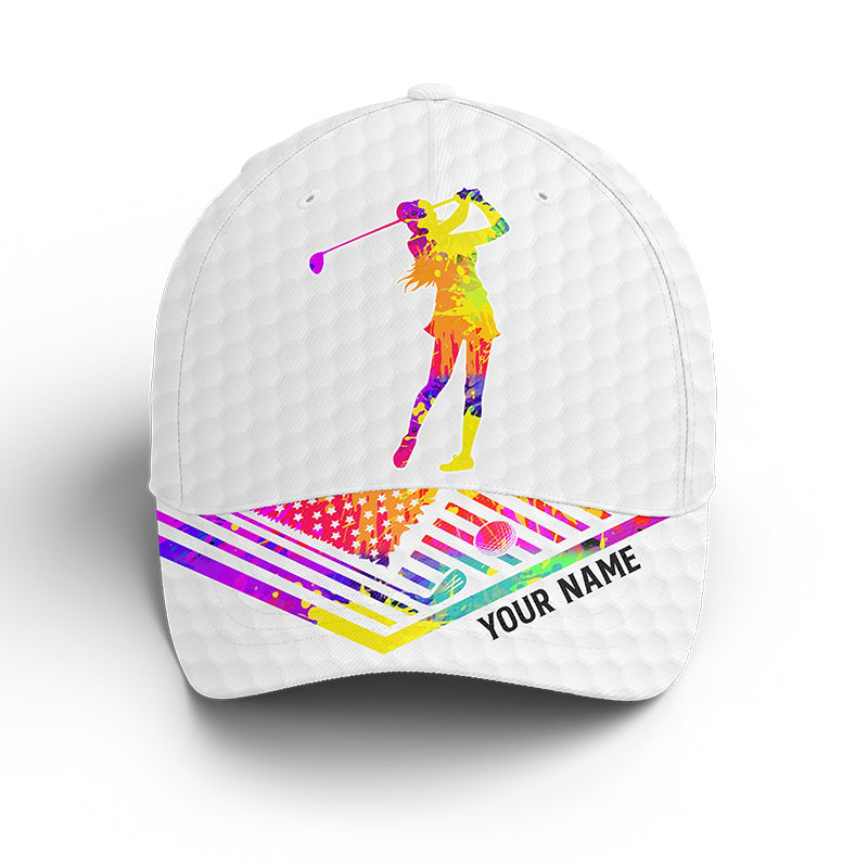 White golf hat for women custom name watercolor American flag baseball golf cap NQS3938