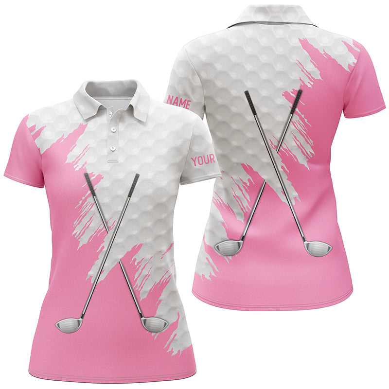 White golf ball pattern custom name golf clubs Womens golf polo shirts, team ladies golf tops | Pink NQS8495