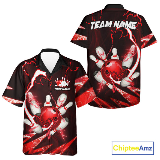 Red Thunder Lightning bowling ball and pins jersey Custom Team Bowling Hawaiian Shirt NQS11281