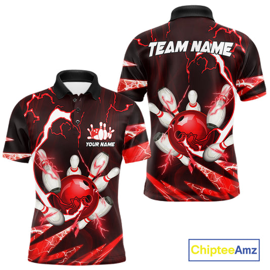 Red Thunder Lightning bowling ball and pins jerseys Custom Team Bowling Polo, 1/4 Zip Shirts For Men NQS11281