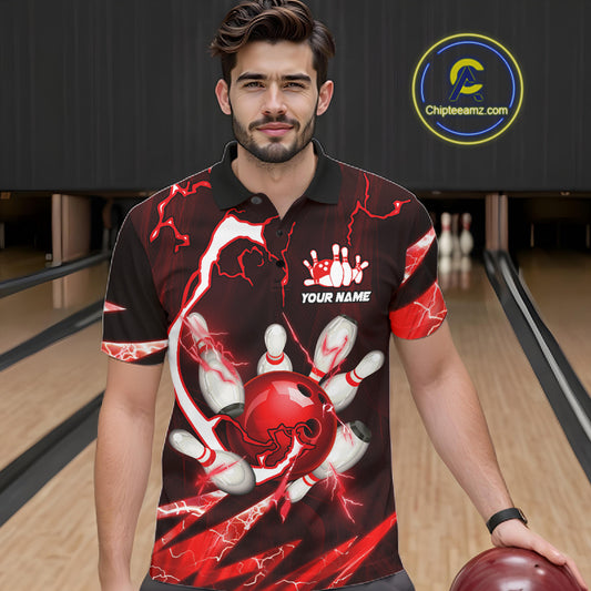 Red Thunder Lightning bowling ball and pins jerseys Custom Team Bowling Polo, 1/4 Zip Shirts For Men NQS11281