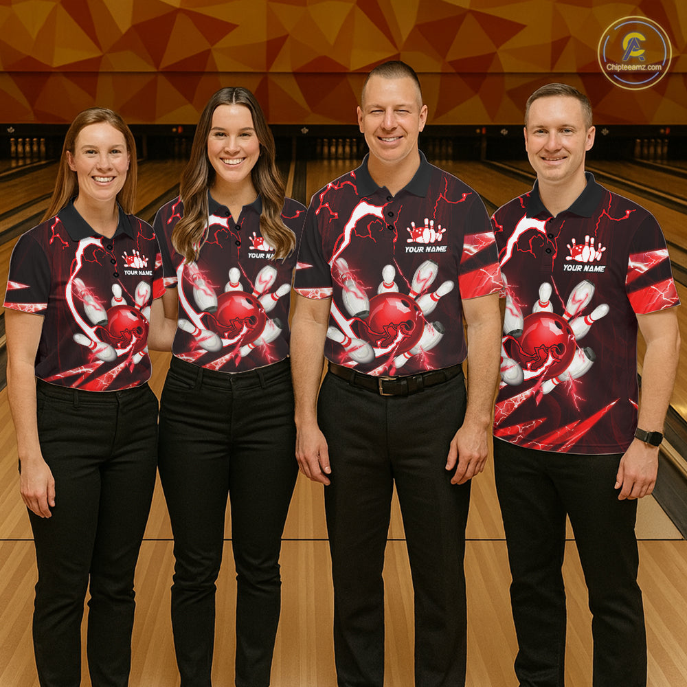 Red Thunder Lightning bowling ball and pins jerseys Custom Team Bowling Polo, 1/4 Zip Shirts For Men NQS11281