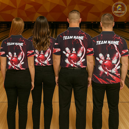 Red Thunder Lightning bowling ball and pins jerseys Custom Team Bowling Polo, 1/4 Zip Shirts For Men NQS11281