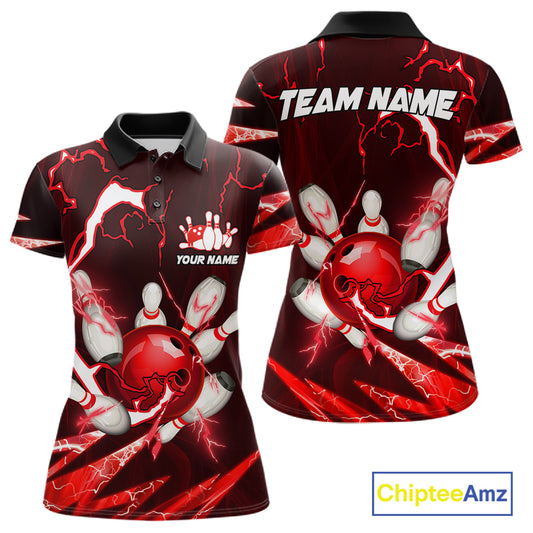 Red Thunder Lightning bowling ball and pins jersey Custom Team Bowling Polo, 1/4 Zip Shirt For Women NQS11281