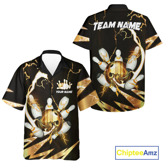 Gold Thunder Lightning bowling ball and pins jersey Custom Team Bowling Hawaiian Shirt NQS11282