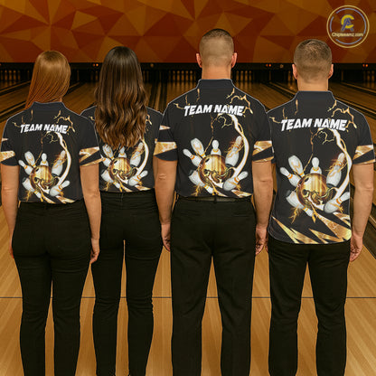 Gold Thunder Lightning bowling ball and pins jerseys Custom Team Bowling Polo, 1/4 Zip Shirts For Men NQS11282