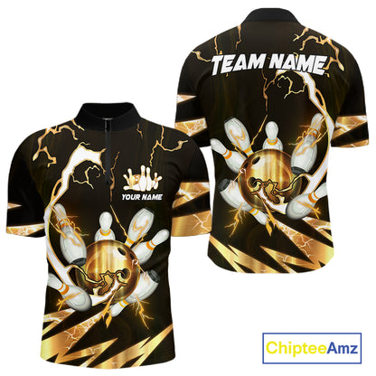 Gold Thunder Lightning bowling ball and pins jerseys Custom Team Bowling Polo, 1/4 Zip Shirts For Men NQS11282