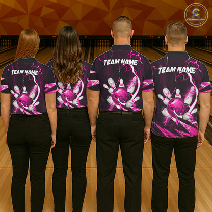 Pink Thunder Lightning bowling ball and pins jerseys Custom Team Bowling Polo, 1/4 Zip Shirts For Men NQS11283