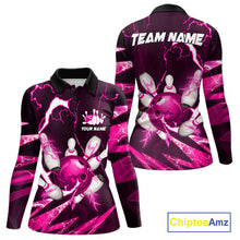 Load image into Gallery viewer, Pink Thunder Lightning bowling ball and pins jersey Custom Team Bowling Polo, 1/4 Zip Shirt For Women NQS11283