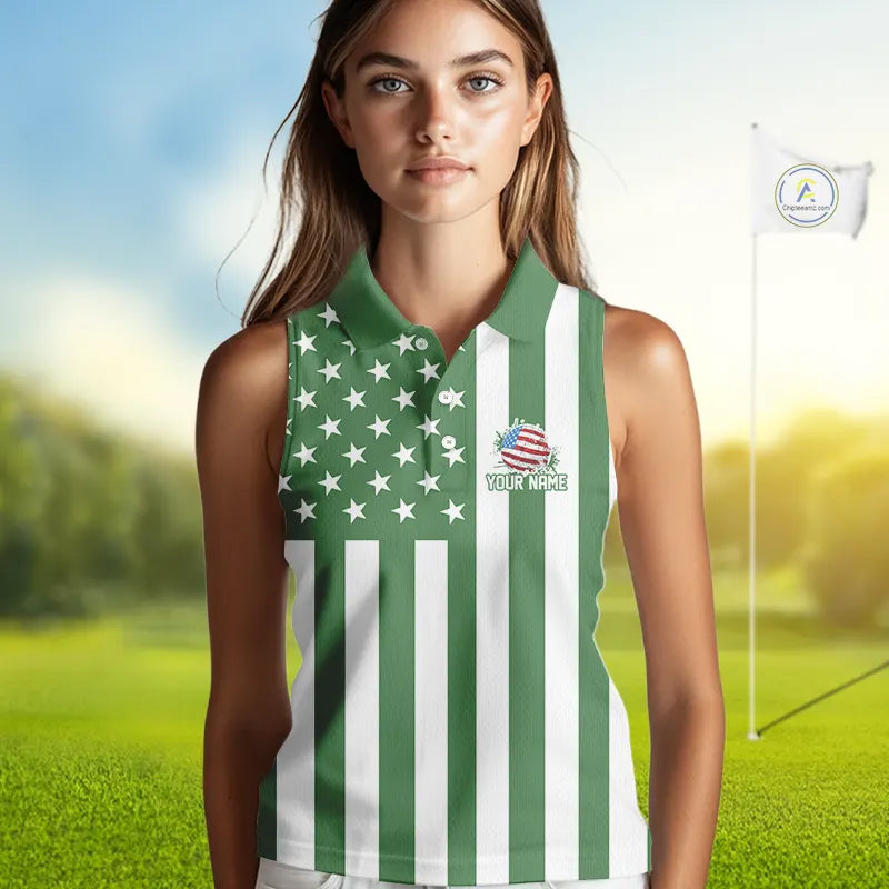 Women's Sleeveless golf polo shirts custom Red, white and green American flag Ladies Golf tops NQS11487