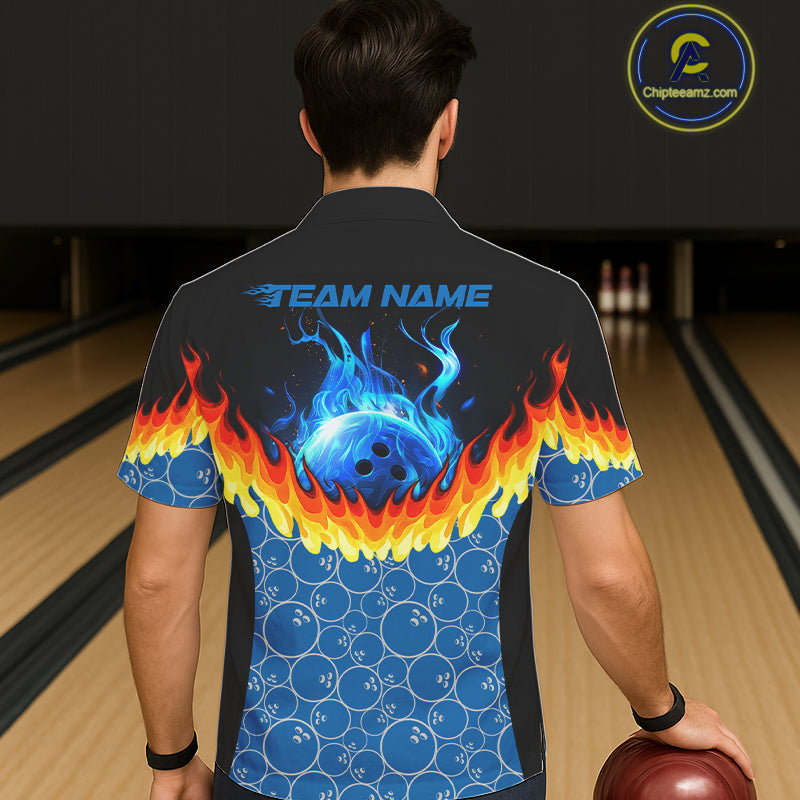 Black and Blue Camo Flame Bowling Hawaiian shirts Custom team bowling league jerseys NQS11492