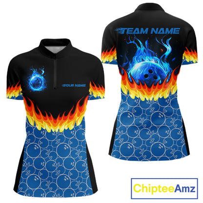 Black and Blue Camo Flame Bowling shirts for Women Custom team ladies bowling league jerseys NQS11492