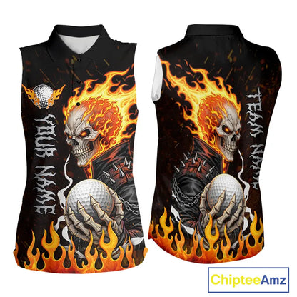 Custom Orange Flame Skull sleeveless women's golf shirts,  team ladies golf tees cool golf gifts NQS11497