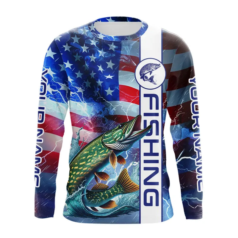 American Flag Northern Pike lightning Long Sleeve Fishing Shirts custom Patriotic Pike fishing jerseys NQS9562